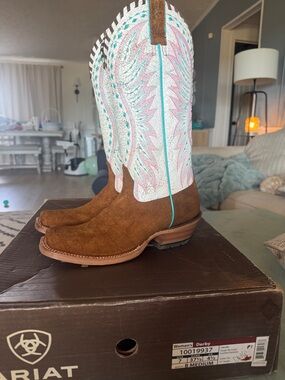 Ariat Brown Suede & White Western Boots with Pink and Turquoise Stitching